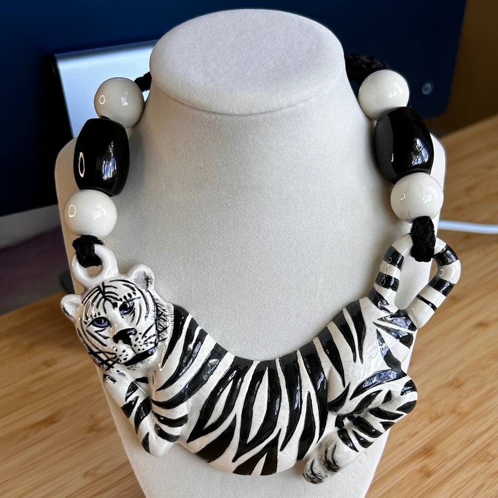 Vintage Large Zebra Ceramic Necklace - Artist Signed